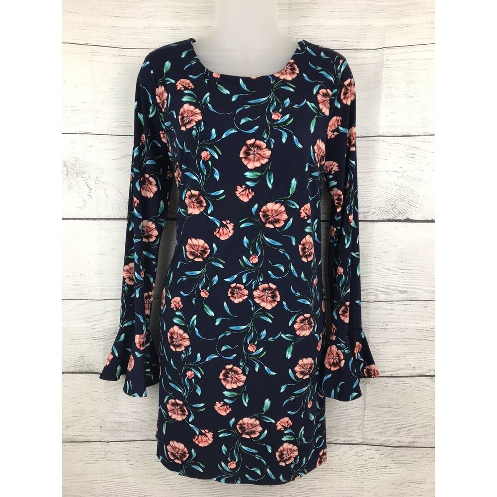 Cynthia Steffe Navy Blude Floral Long Bell Sleeve Lined Shift Dress Size M